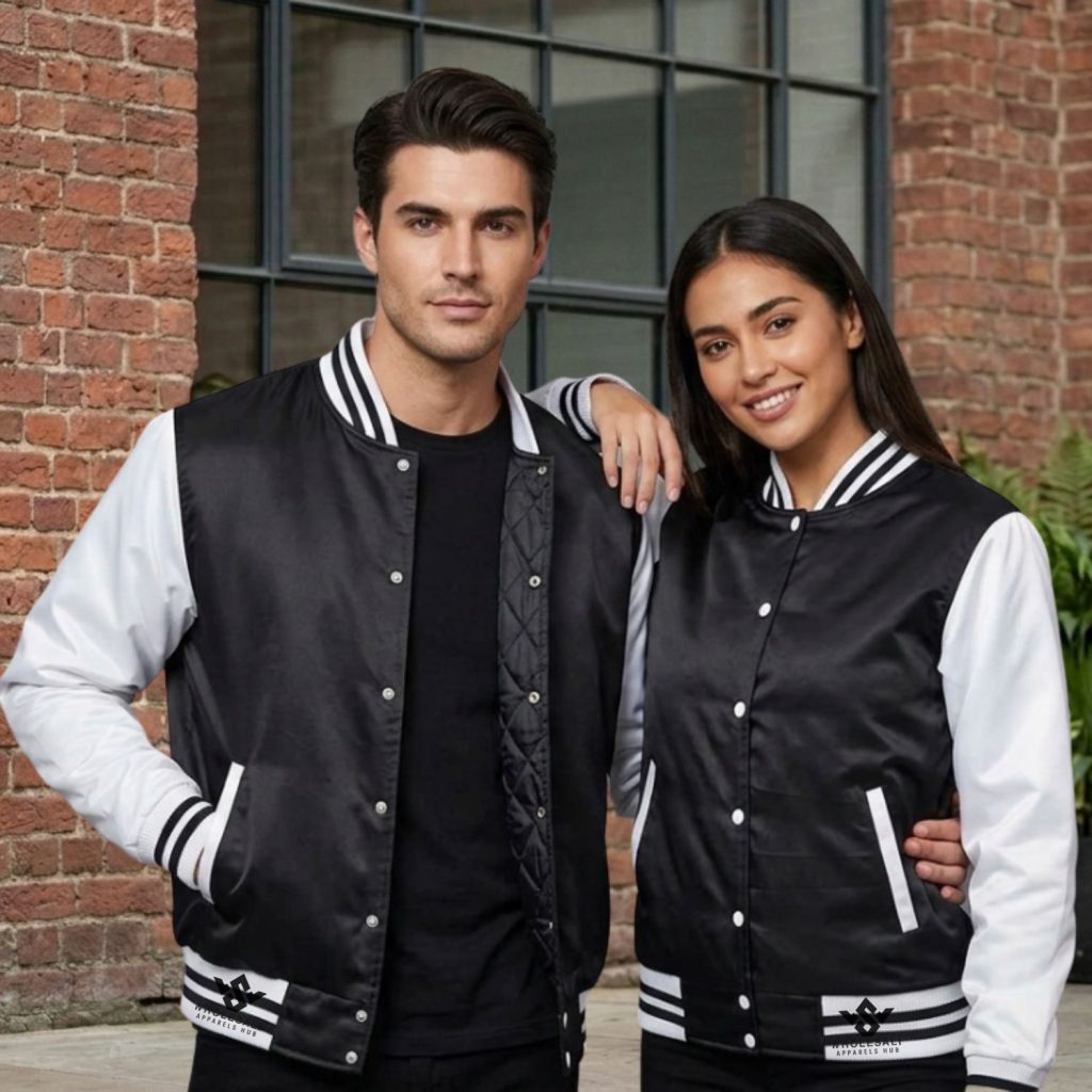 Black Satin Varsity Jacket With White Sleeves Black Satin Varsity Jacket With White Sleeves