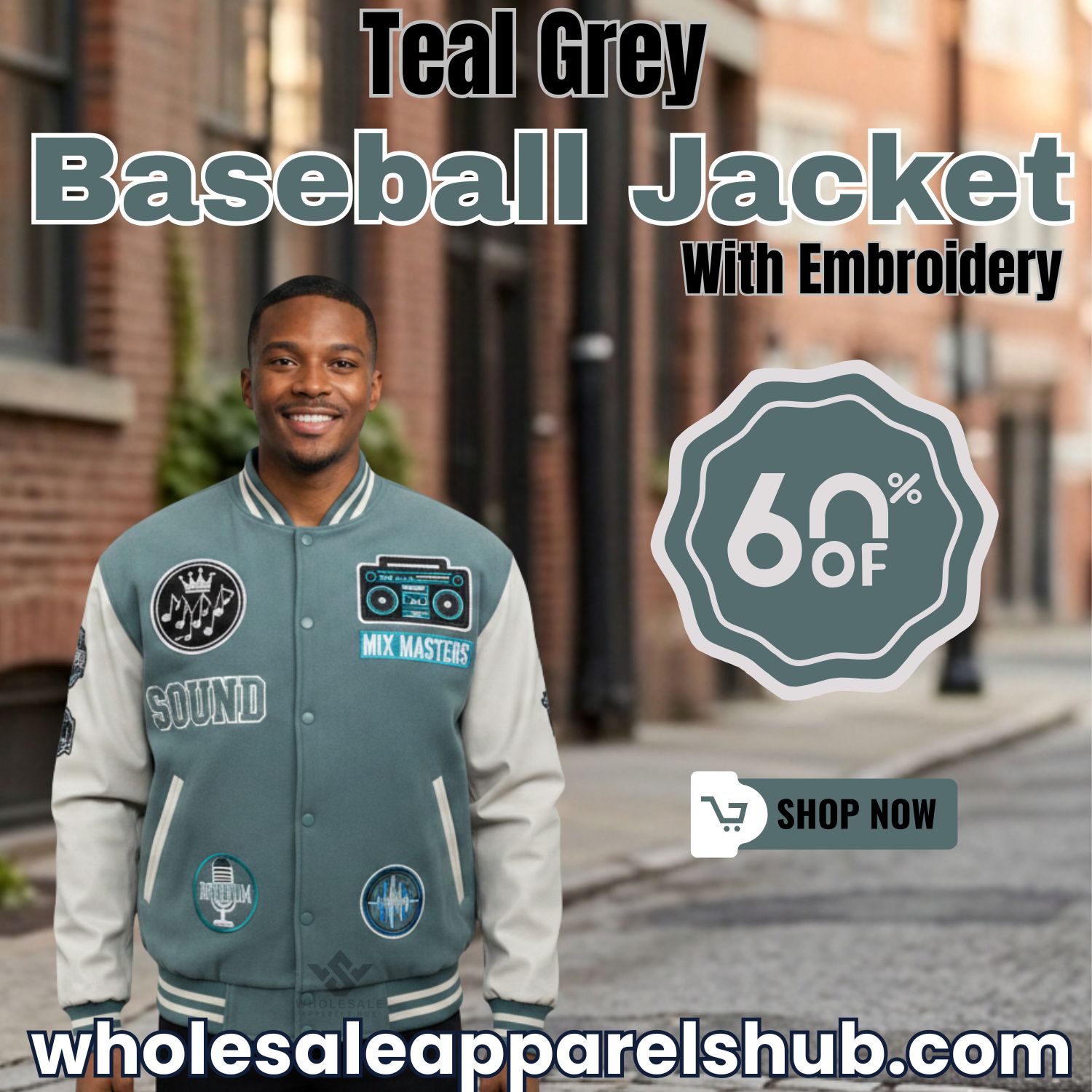 Teal Grey Baseball Jacket With Embroidery